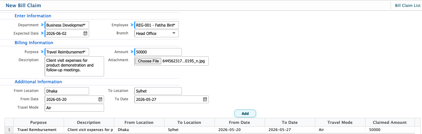 Add Bill Claim