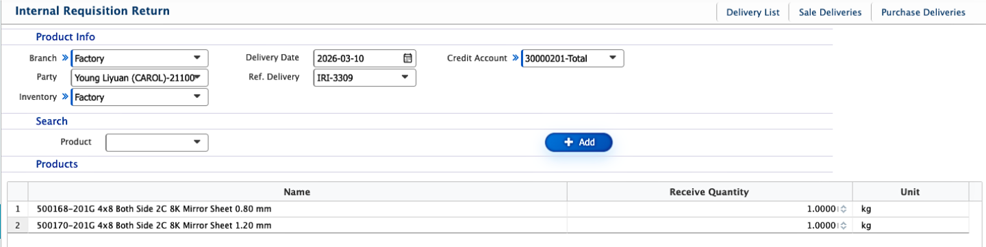 Add Internal Requisition Return