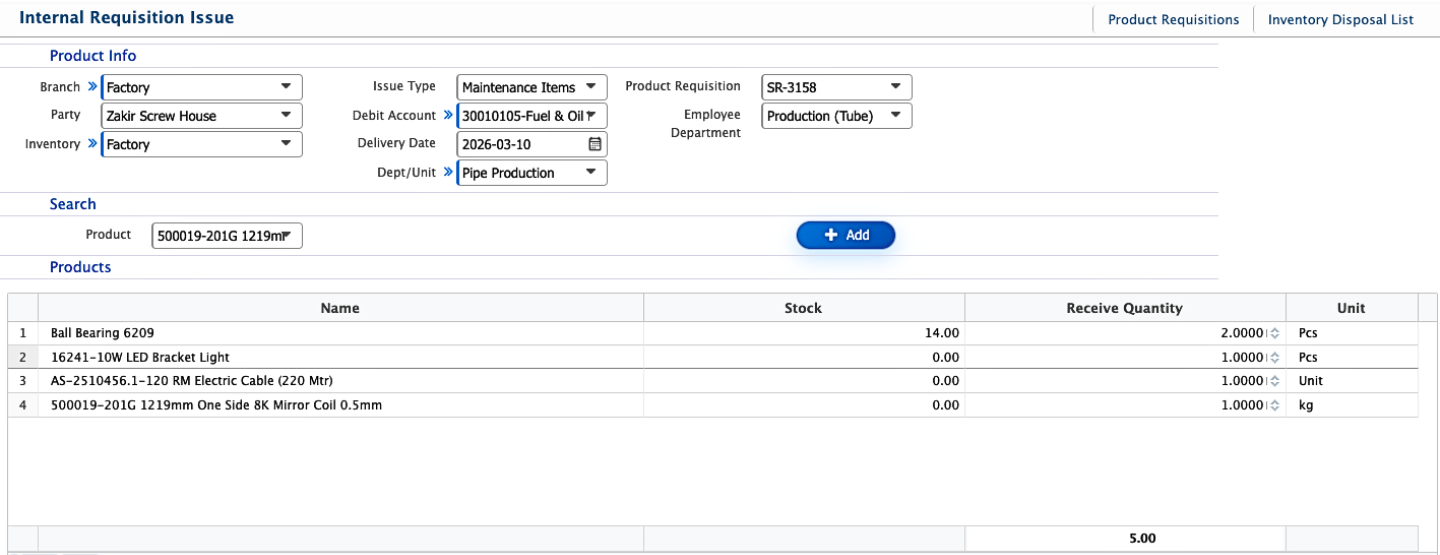 Add Internal Requisition Issue
