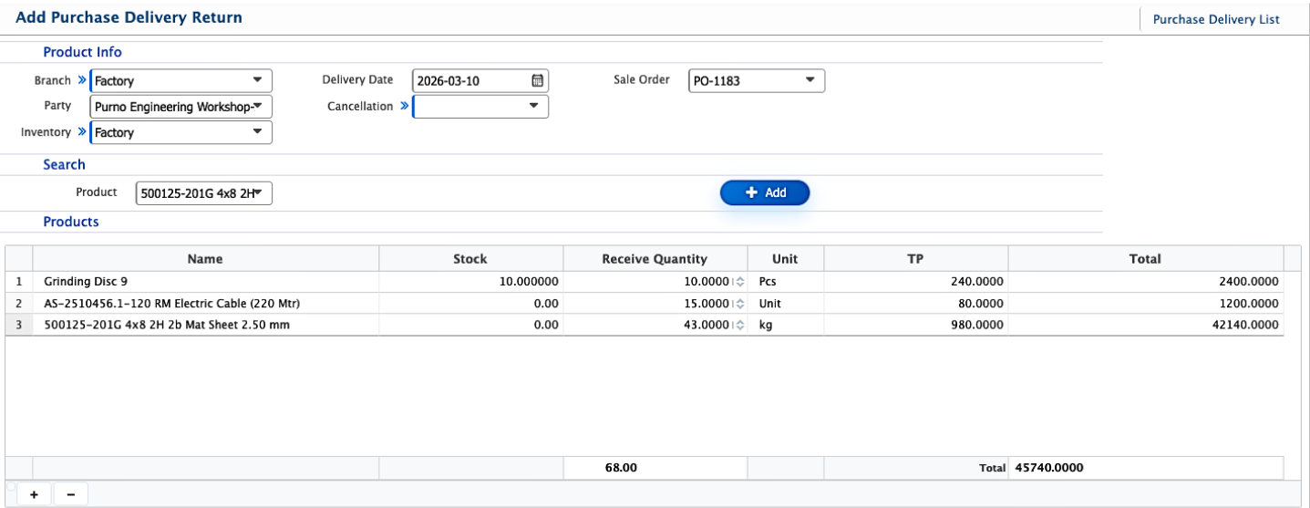 Add Purchase Delivery Return
