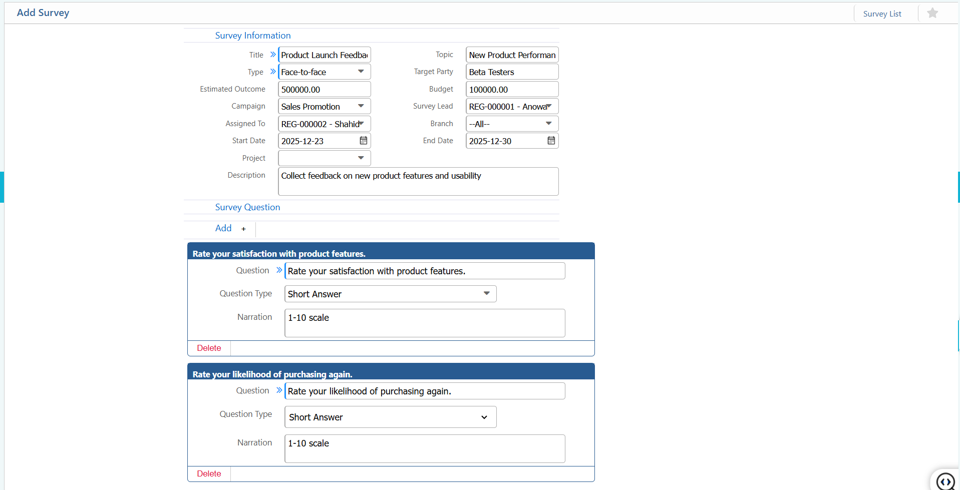 Add Survey