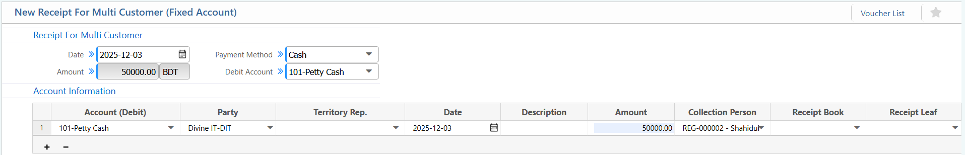 Receipt for Multi-Customer (Fixed Account)