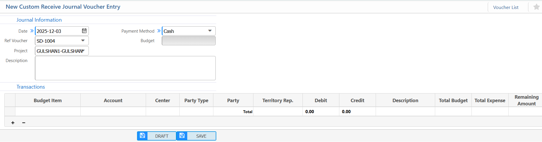 Custom Receive Journal Voucher