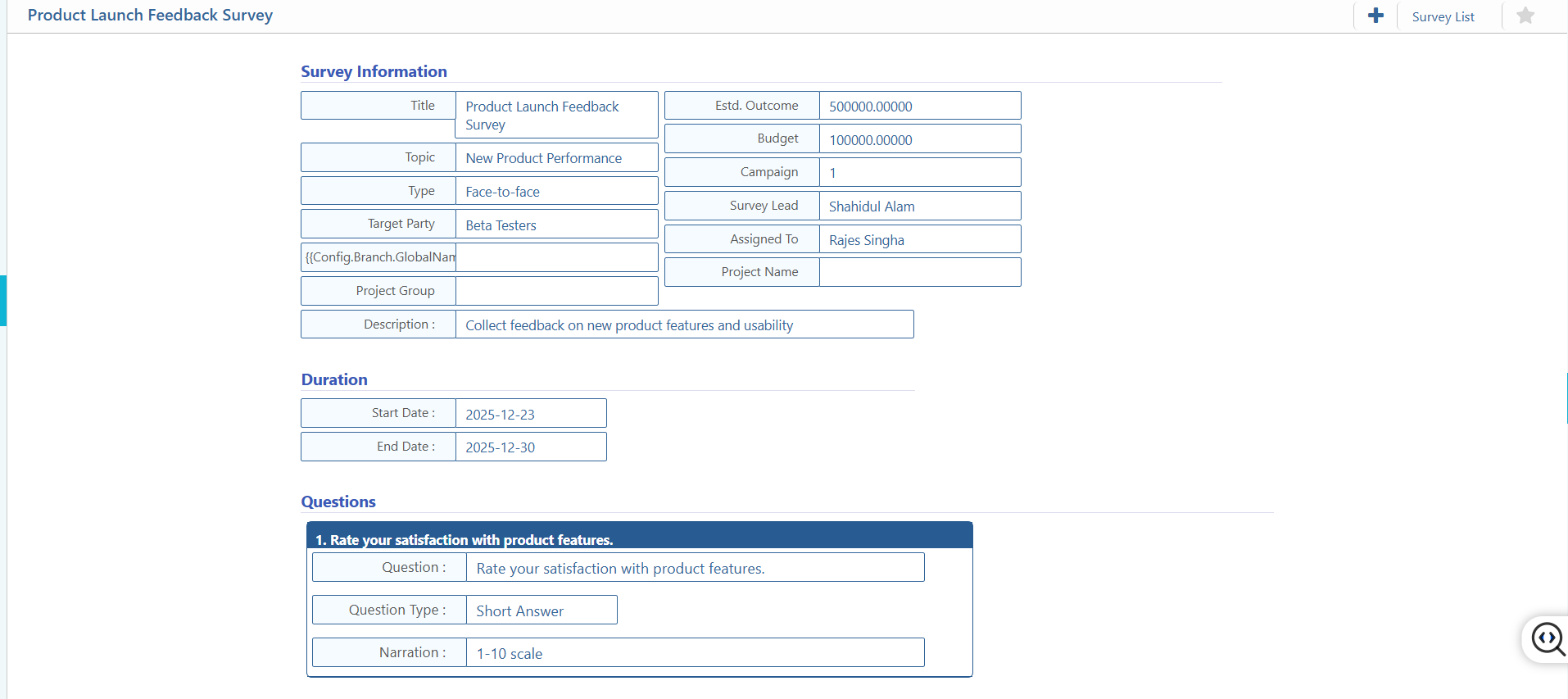 Survey Details View