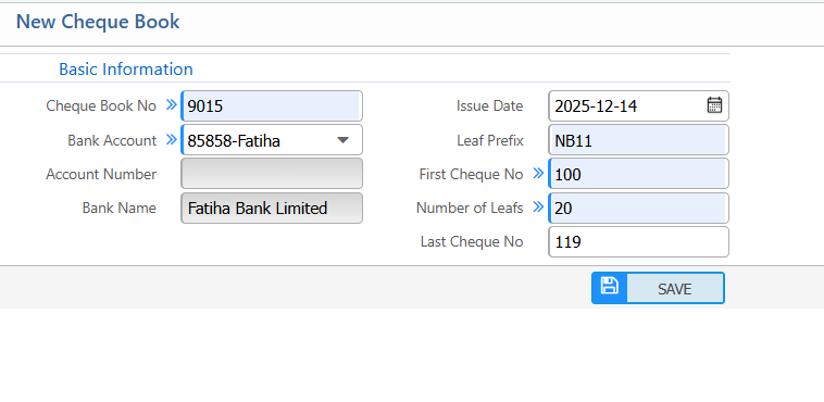 Add new cheque Book