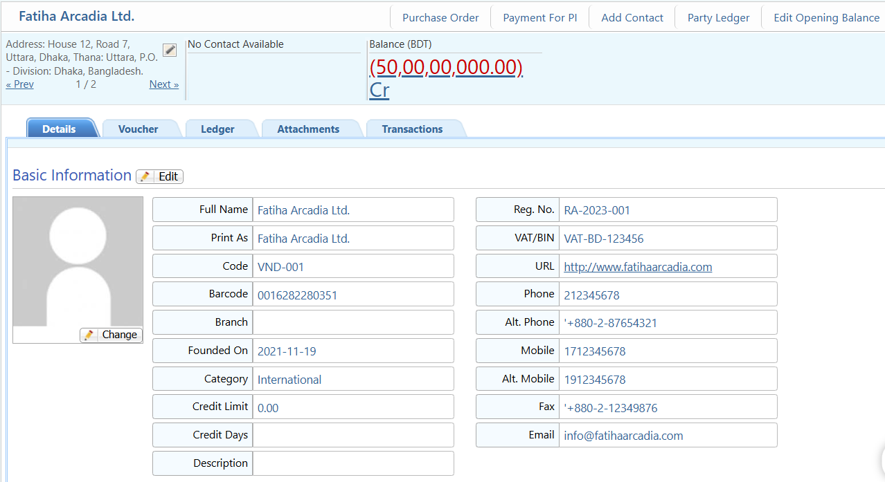Vendor Details View