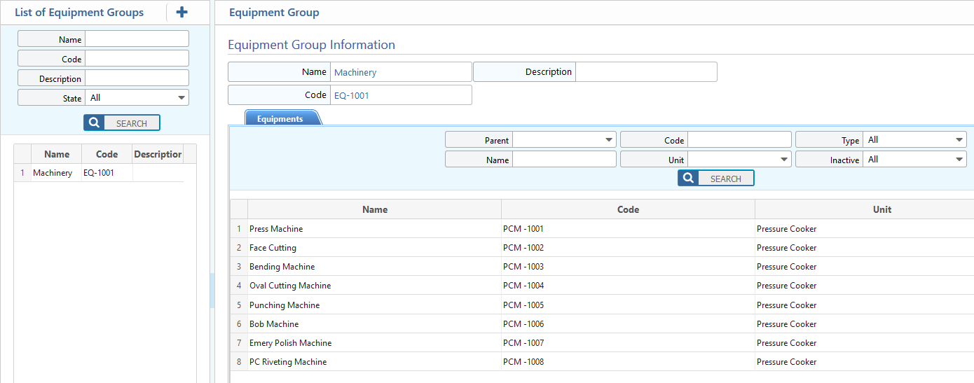 list of  Equipment Group